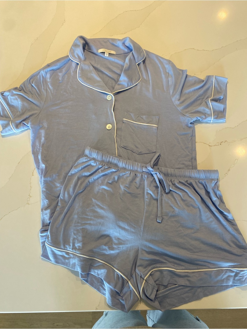 Love & Lore Women's Light Blue Short-Sleeve Pajama Set with White Piping - Picture 2 of 9